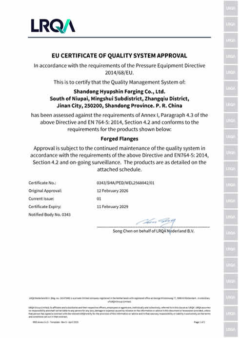 Suporte de certificados PED, AD 2000 e UKCA para compradores de flanges. product reference