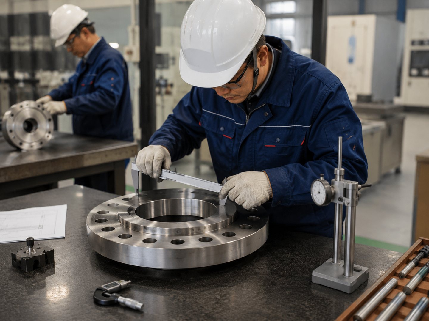 Production team checking a flange dimension