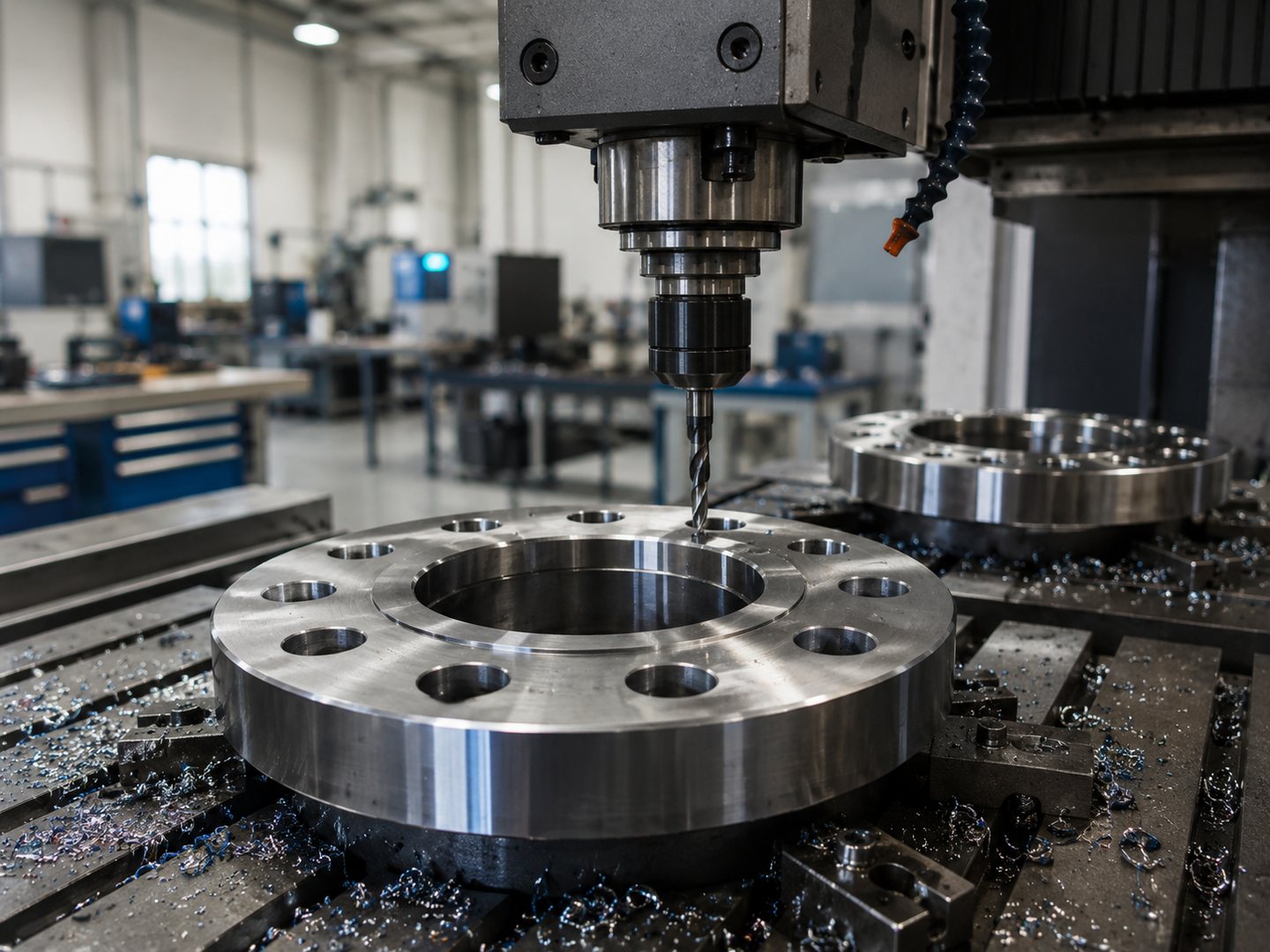 Bolt hole drilling on a steel flange